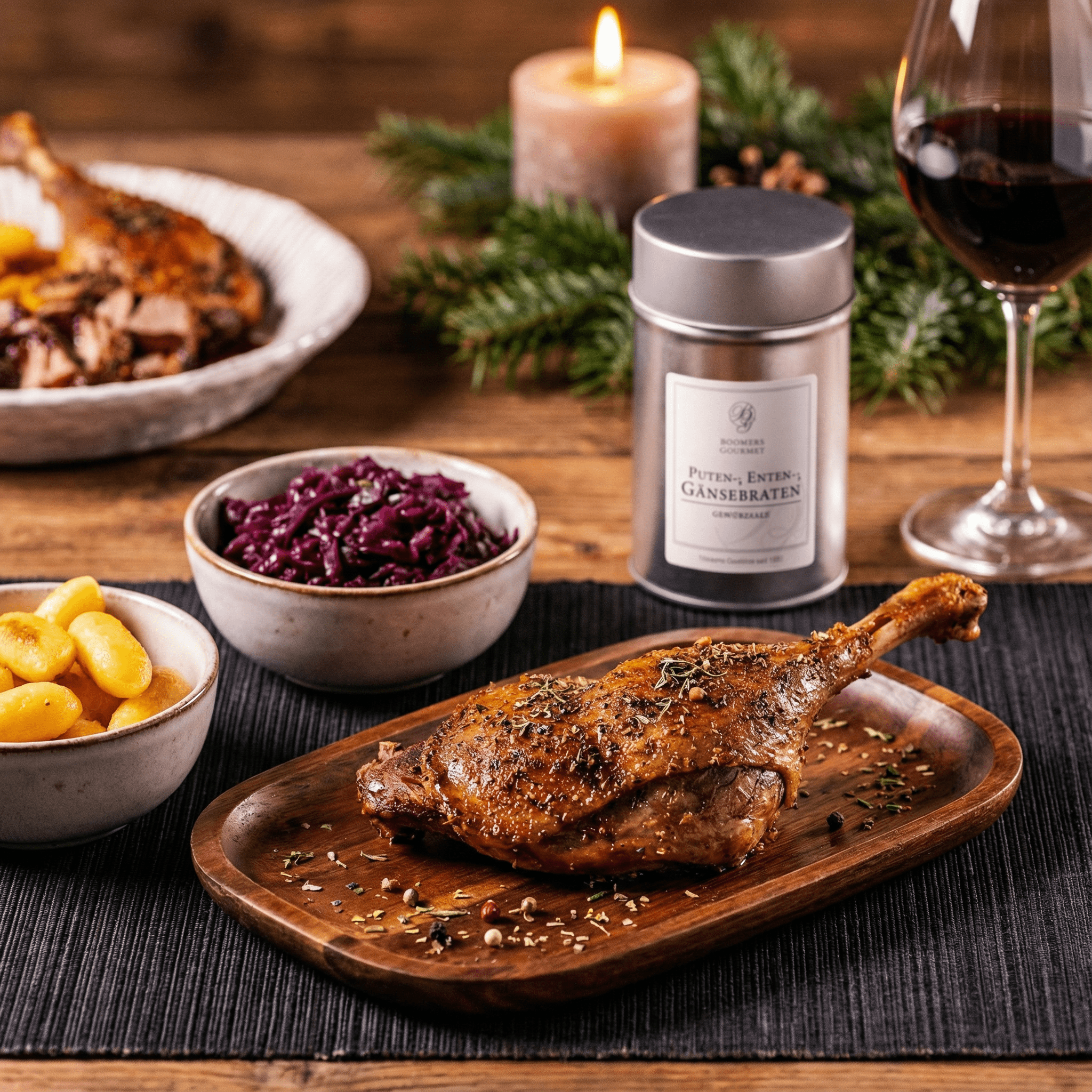 Knusprige Gänsekeule mit Rotkohl & Mini-Klößen