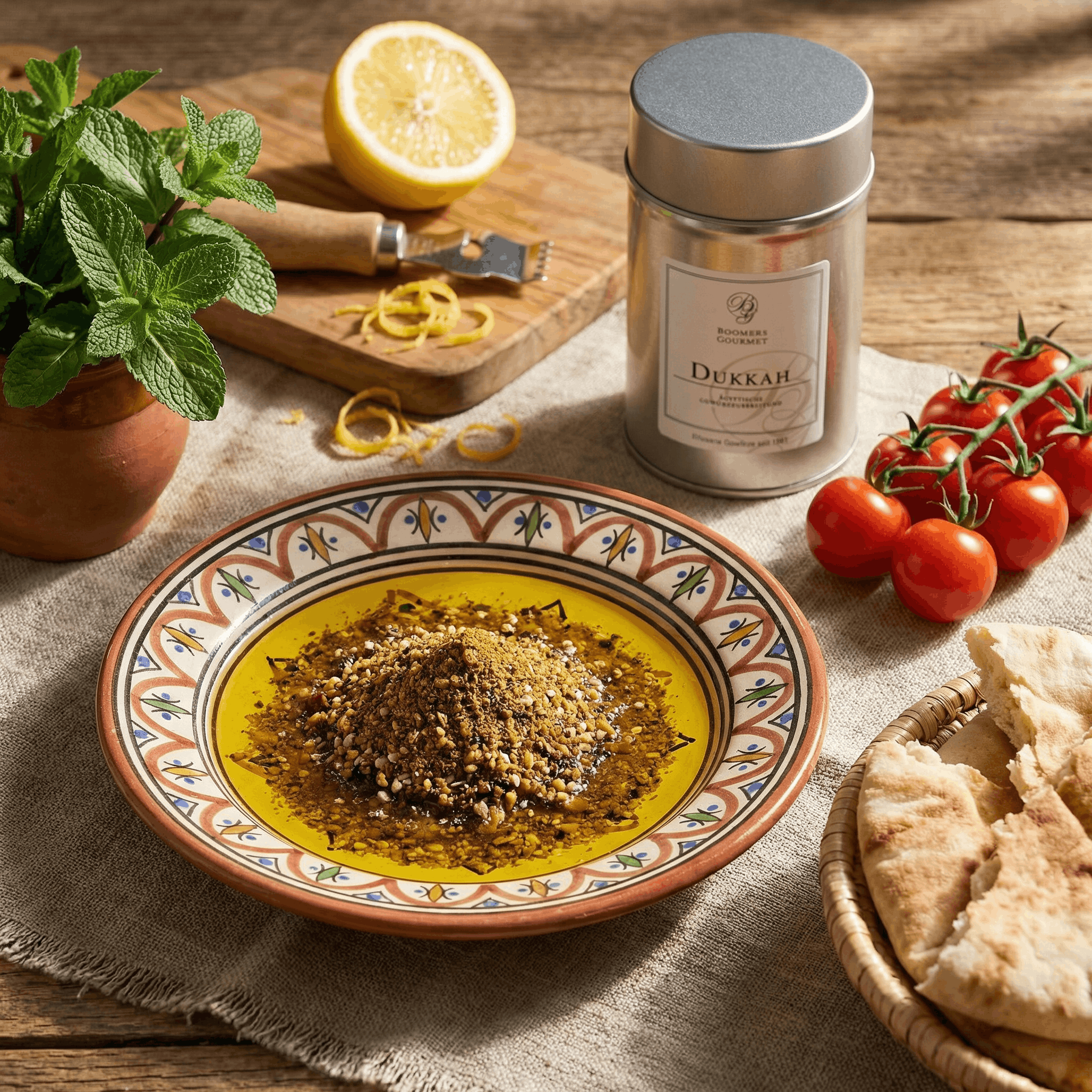 Dukkah-Dip mit Olivenöl und Fladenbrot – so kannst du Dukkah essen