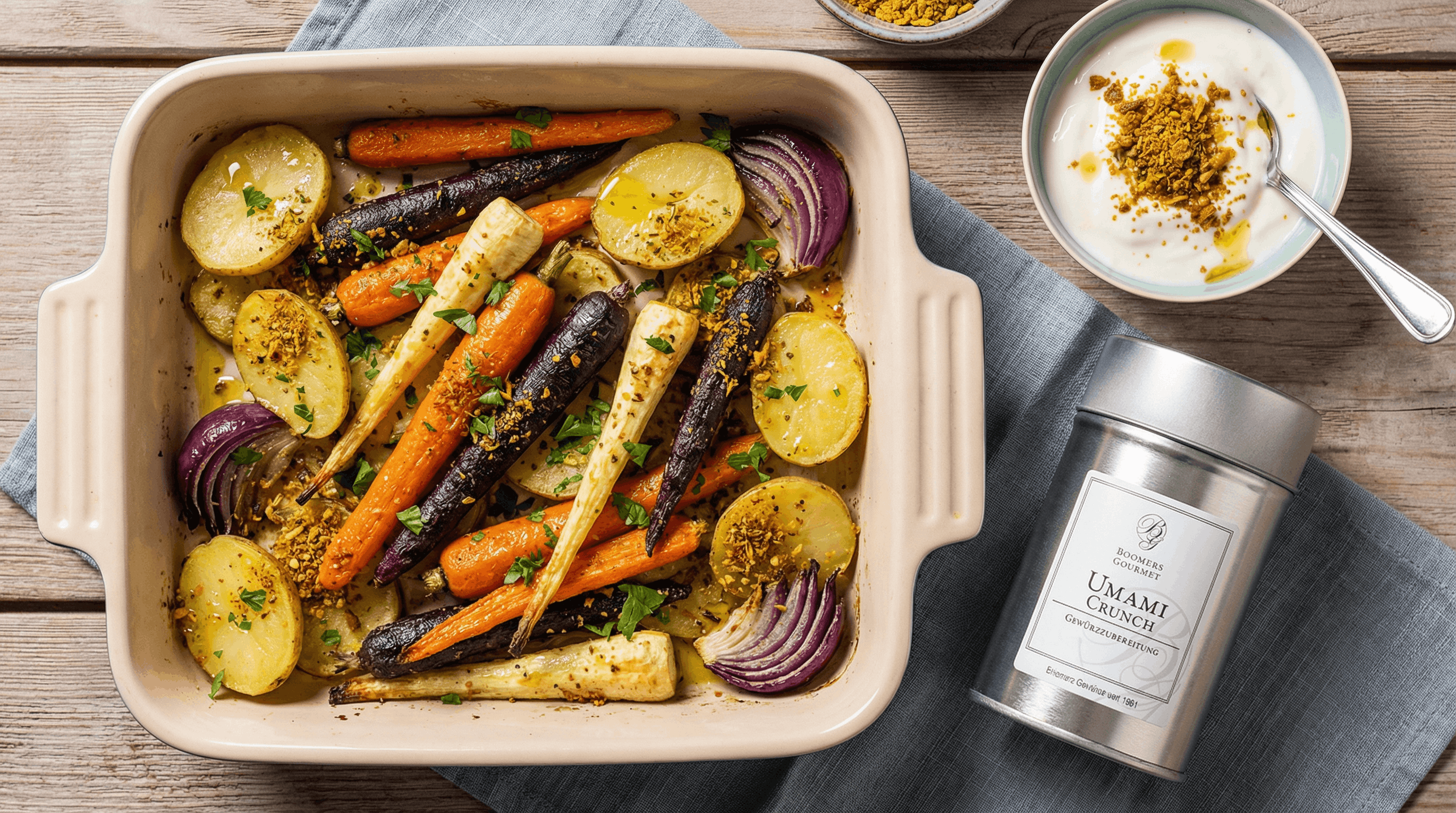 Ofengeröstete Karotten, Pastinaken & Kartoffelscheiben mit Umami Crunch