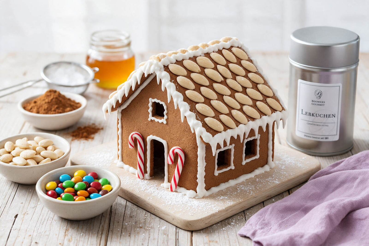 Lebkuchenhaus mit Zuckerguss an den Kanten, Mandeln als Dachziegeln, Zuckerstangen und Puderzuckerschnee