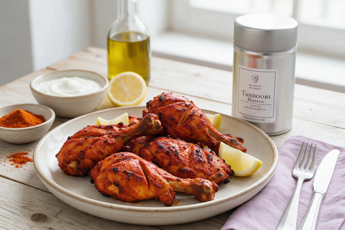 Tandoori Chicken mit roter Joghurtkruste und Rösträndern, dazu Zitrone und Joghurt