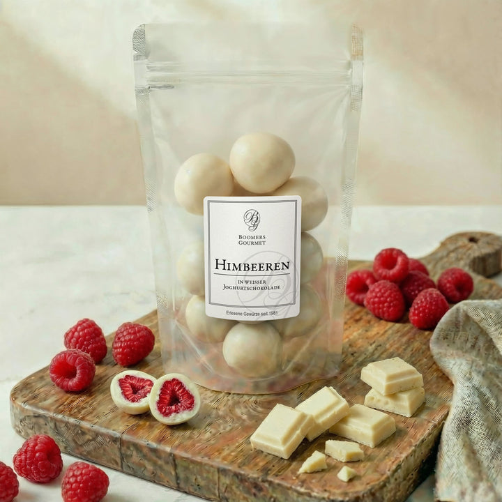 Himbeeren in weißer Joghurtschokolade
