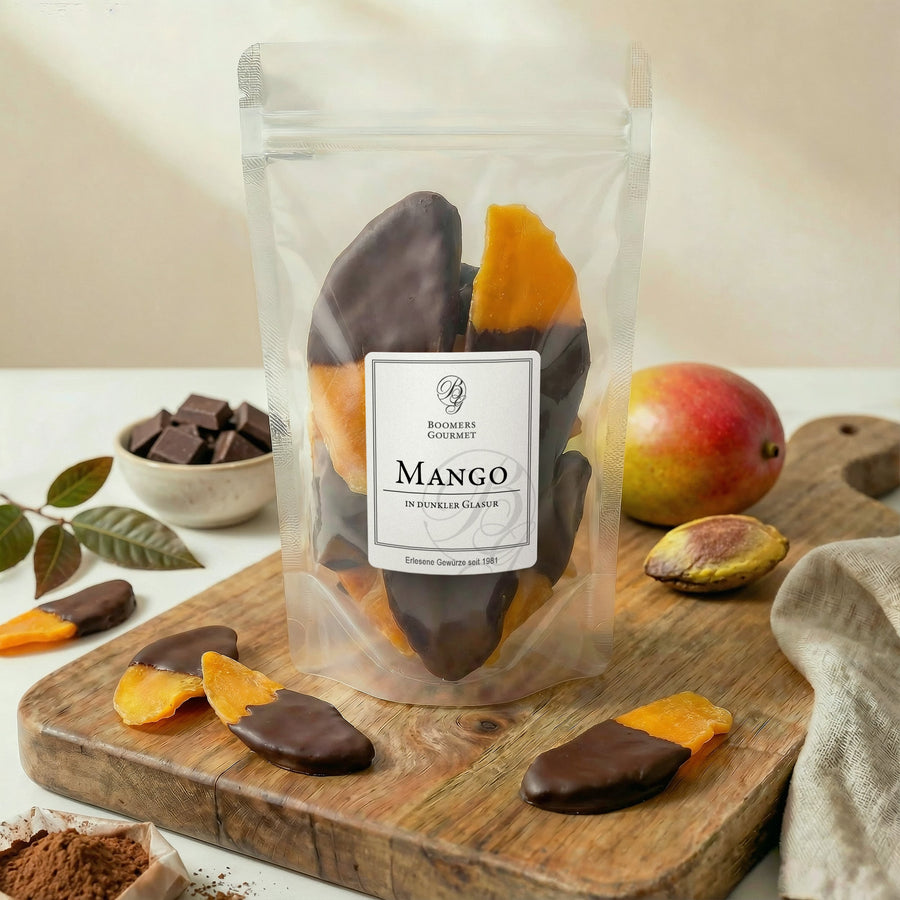 Mango gedippt in dunkler Glasur