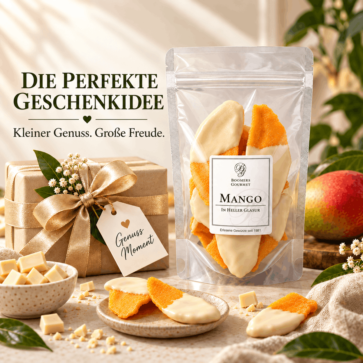 Mango gedippt in heller Glasur
