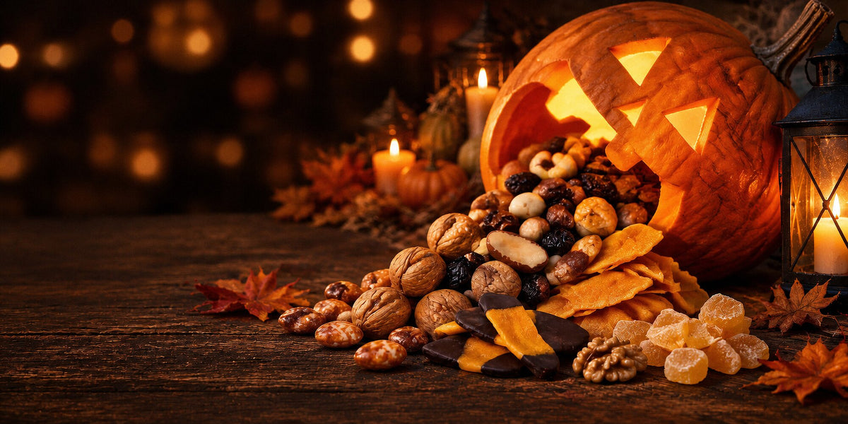 Leuchtender Halloween-Kürbis auf dunklem Holztisch, aus dem Walnüsse, Cappuccino-Mandeln, Studentenfutter, Schoko-Mango und kandierter Ingwer quellen, bei Kerzenschein