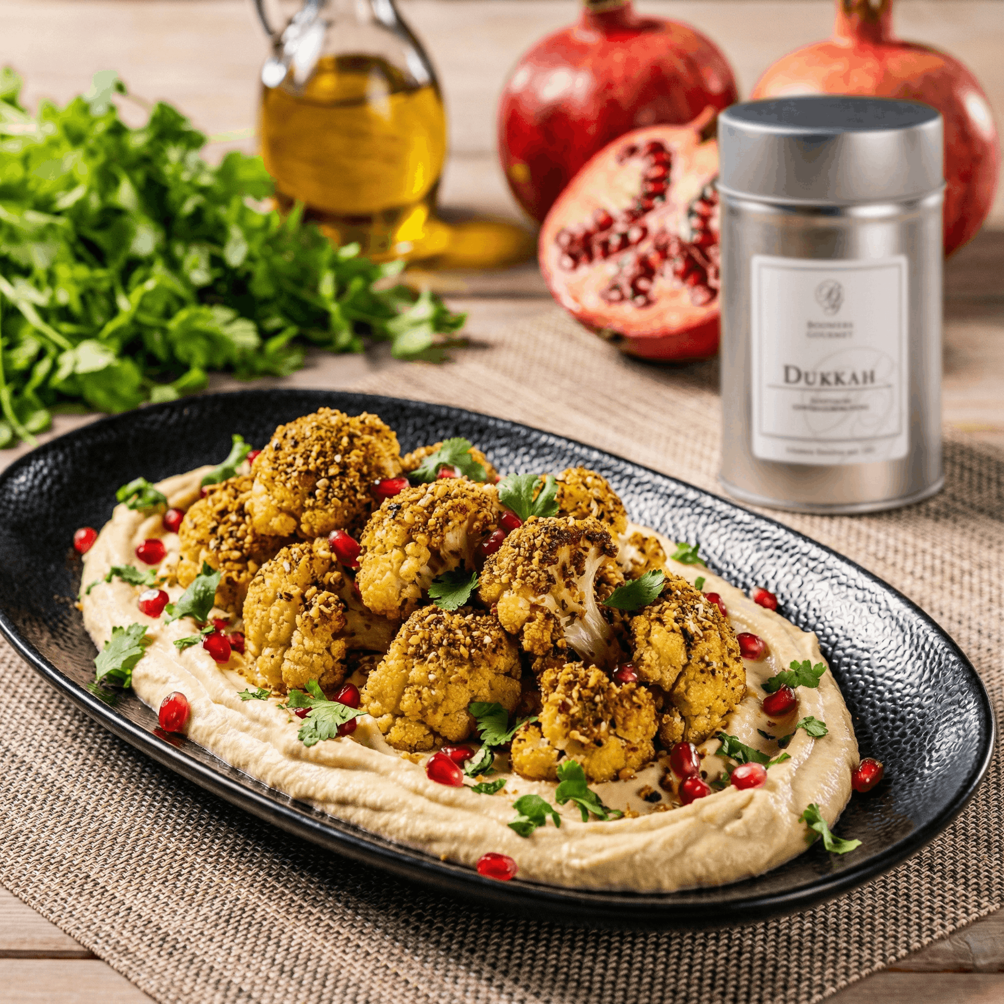 Dukkah-gerösteter Blumenkohl auf Hummus