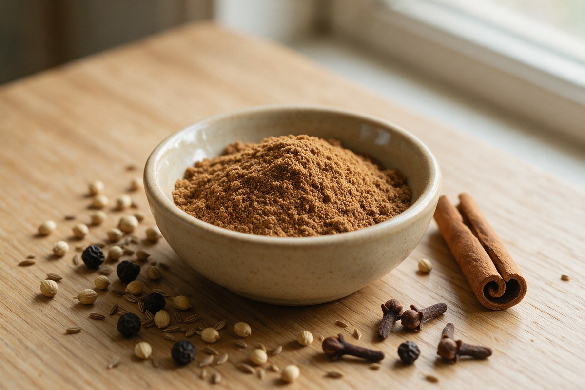 Garam Masala als Pulver im Schälchen mit ganzen Gewürzen daneben