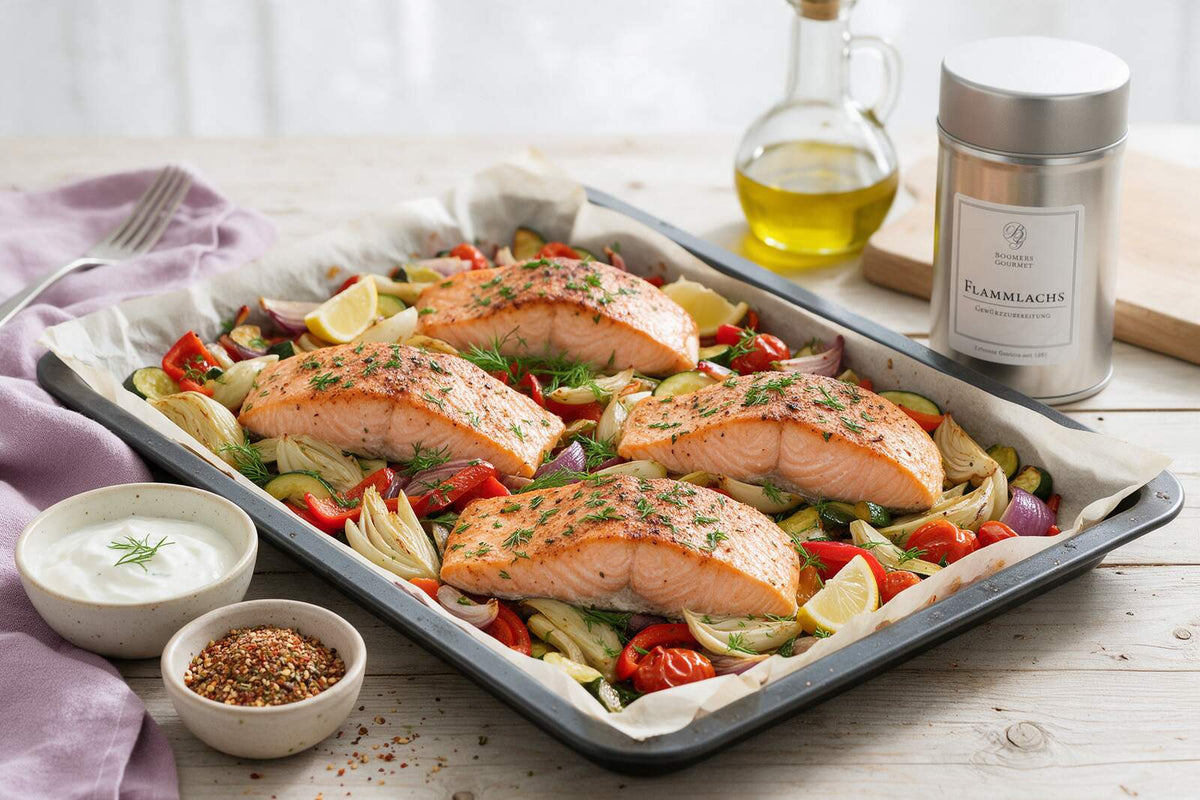 Lachs im Ofen mit Gemüse auf dem Blech, mit Zitronenspalten und frischem Dill