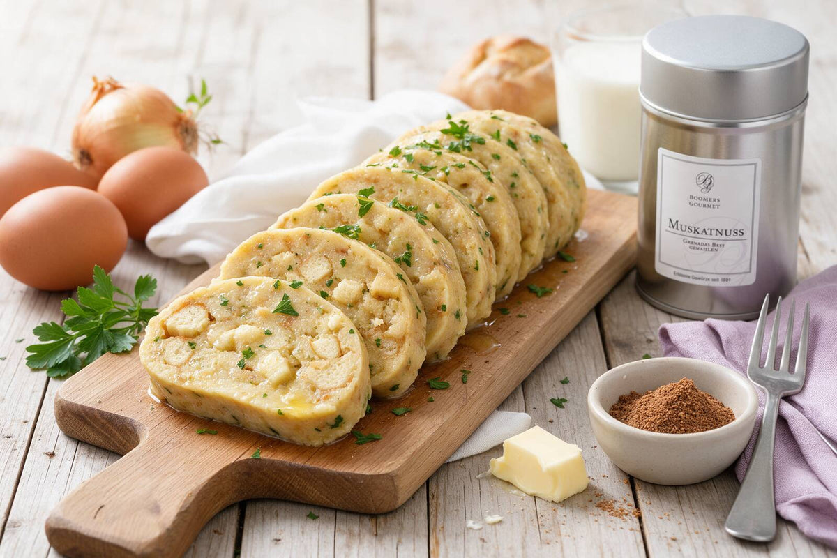 Serviettenknödel in Scheiben mit Butter und Petersilie auf einem Holzbrett