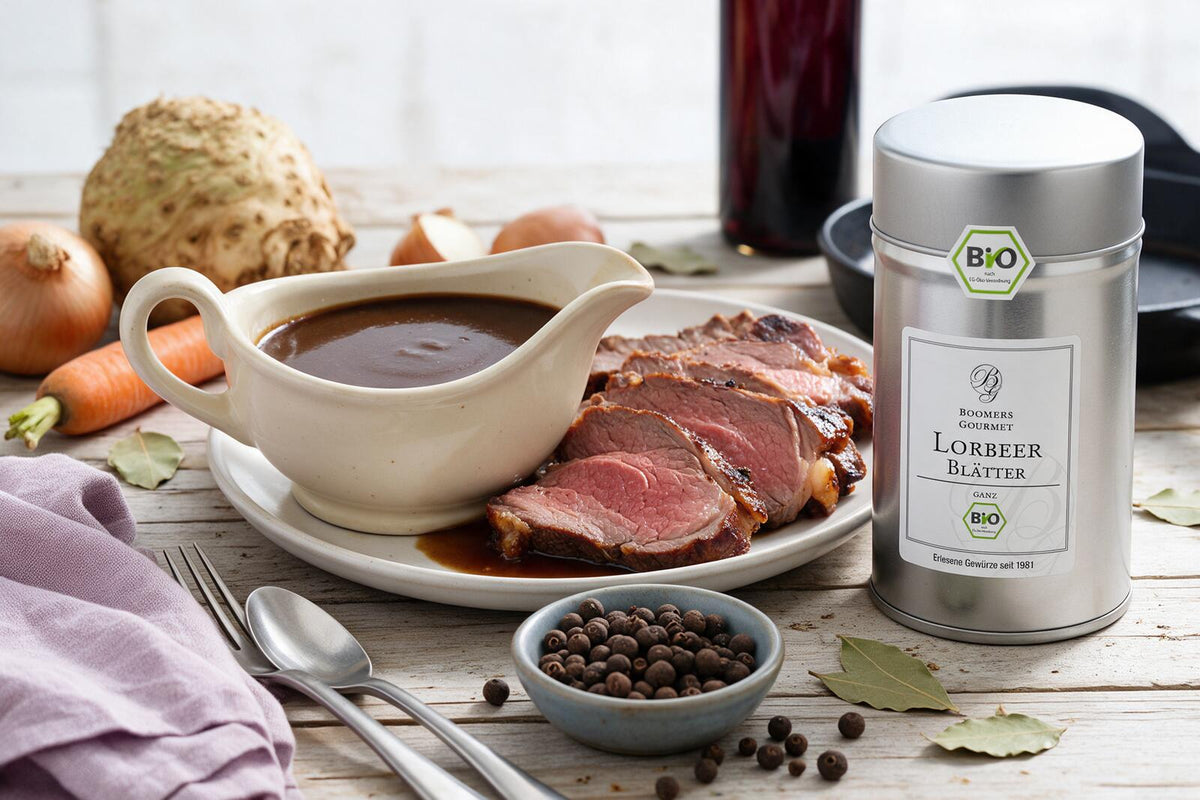 Soße zu Braten: dunkle, glänzende Bratensoße in einer Sauciere neben Bratenscheiben