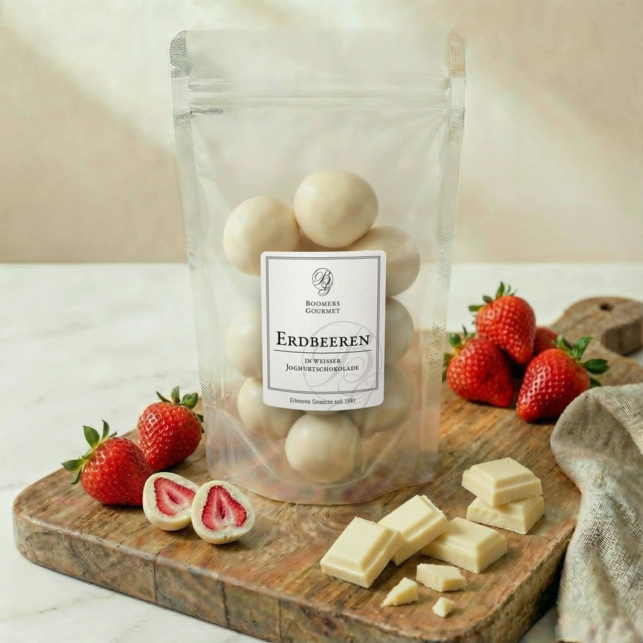 Erdbeeren in weißer Joghurtschokolade