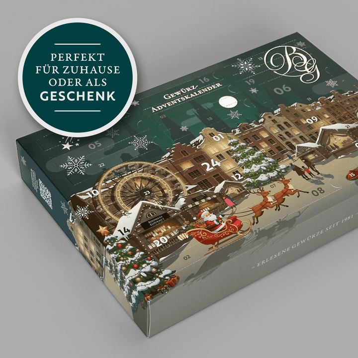 Gewürz Adventskalender 2026 liegend – Illustration der Lübecker Altstadt