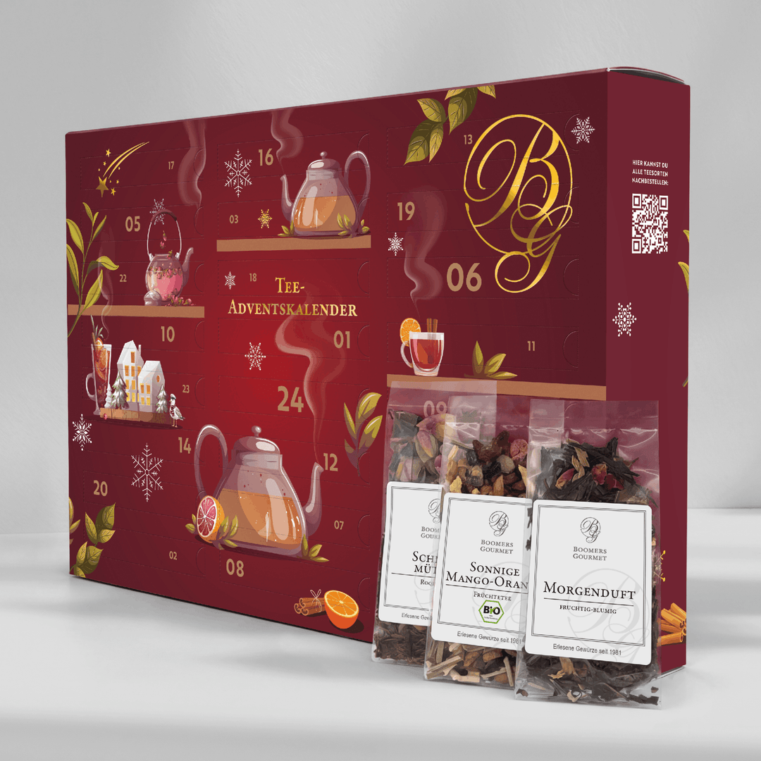 Tee Adventskalender 2026 von Boomers Gourmet mit drei Aromabeuteln losem Tee