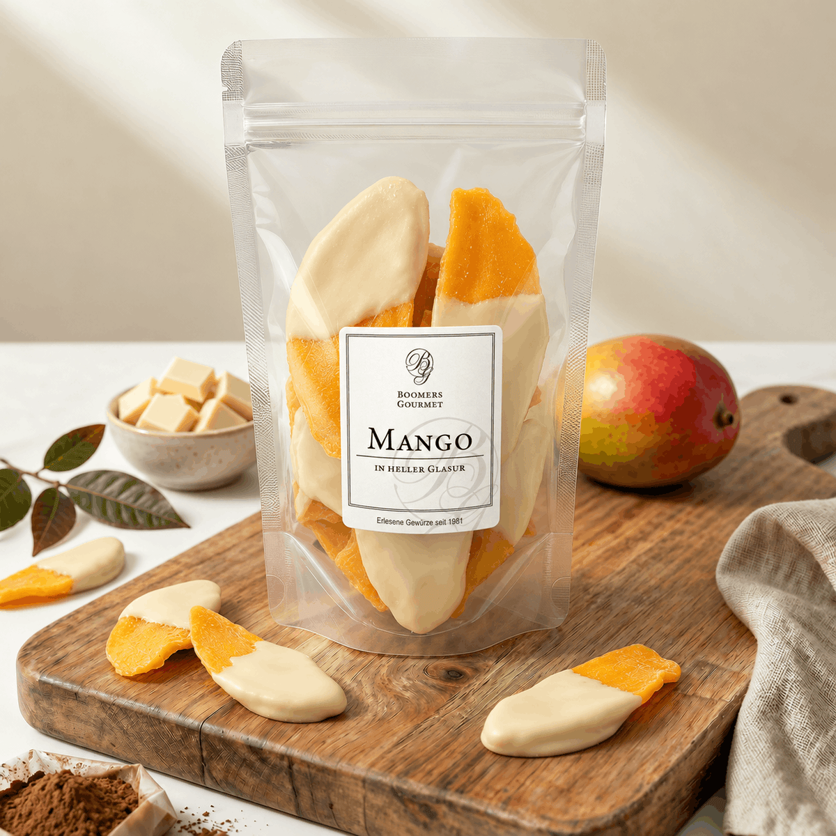 Mango gedippt in heller Glasur